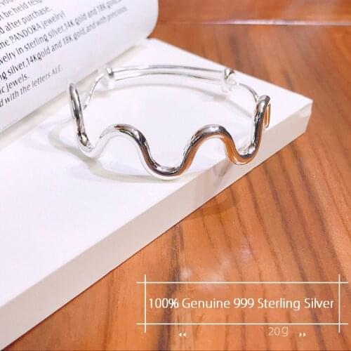Whole 100% Genuine 999 Sterling Silver Women Bangles Wave Bangle Polished Bracelet Shiny Fine Jewelry Adjustable Undulating