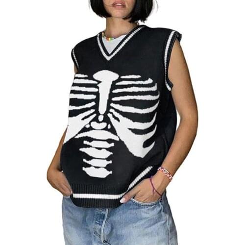 Loose Y2k Skeleton Print Knitted Vest Autumn Winter Jumper V-Neck Knitted Vest Sweater Women Casual Sleeveless Pullover