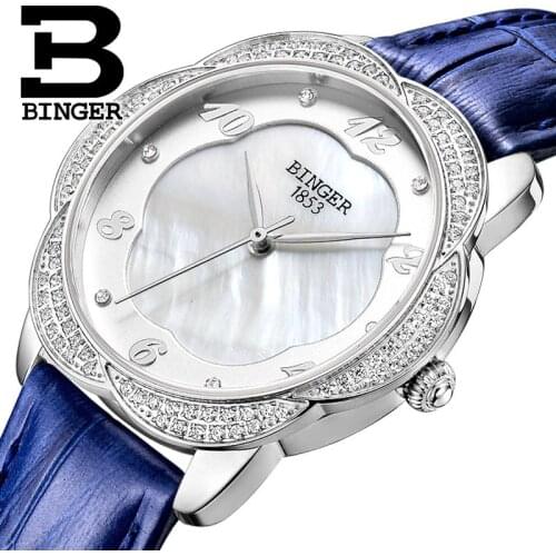 Switzerland Binger Womens watches Diamond Luxury top Brand Untra-thin clock leather strap quartz waterproof Wristwatches B3028