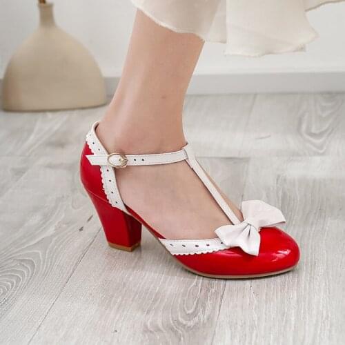 YMECHIC Summer 2019 Fashion Cute Pumps Women T Strap Buckle Bowtie Princess Block High Heels Red Purple Pink Party Lolita Shoes