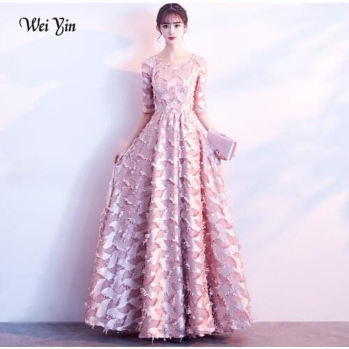 Weiyin 2021 Pink Long Evening Dresses Elegant V-neck Half Sleeve Lace Party Long Prom Dresses WY1163