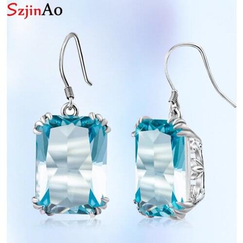 Szjinao Crown Noble Square Big Aquamarine earrings for women Pirate Ship Vintage 925 Sterling Silver Drop Fine Jewelry