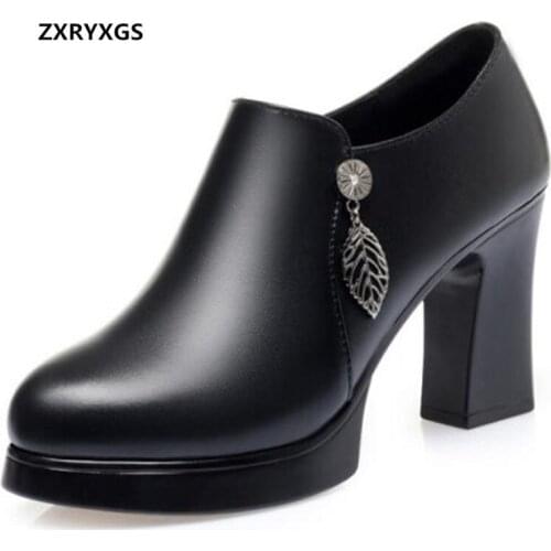 2021 New Top Cowhide Black Pumps Platform Non-slip Deep Mouth Leather Shoes Elegance Fashionable Shoes Women High Heel Shoes
