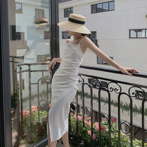 2021summer Women Satin Spaghetti Strap Dress Sexy Split irregular Solid Slim Lady Temperament Backless long Dresses woman dress