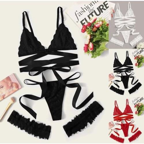 Women Plus Size Lace Lingerie Leg Ring G-String Bra Underwear Set Sleepwear G-string Panty Underwear Nightwear lenceria mujer