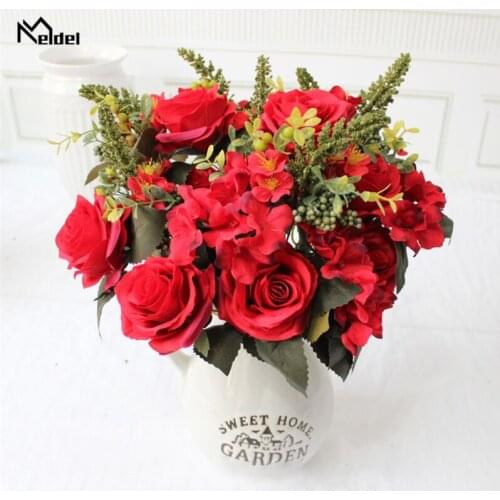10 Heads Roses Hydrangea Artificial Flowers Silk Red Roses Bouquet Flowers Wedding Home Decoration Fake Hydrangea Roses Flowers
