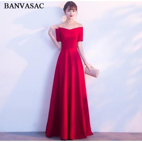 BANVASAC V Neck 2018 Satin Short Sleeve A Line Long Evening Dresses Off The Shoulder Draped Zipper Back Party Prom Gowns