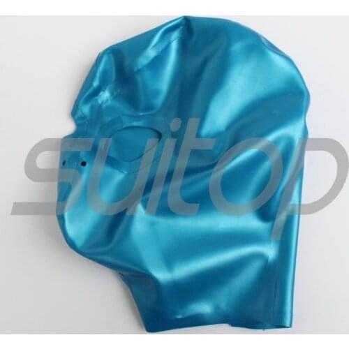 Suitop Free Shipping latex Hoods in metallic blue no open mouth