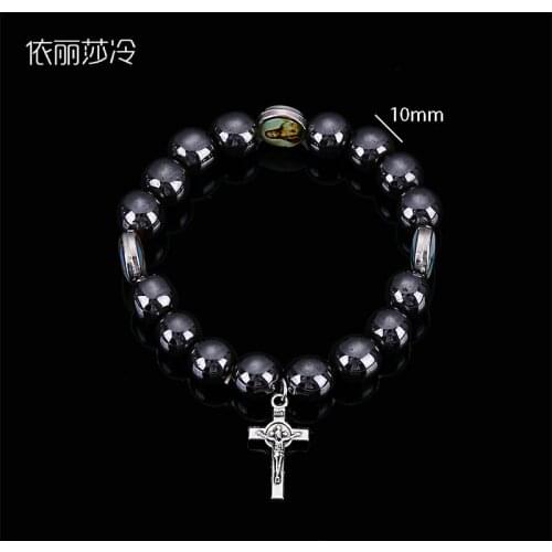 Christian Saints Cross Bracelet Hematite Classic Rosary Beaded Bracelet, Holy Mercy Jesus Icon Bracelet. Icon Random
