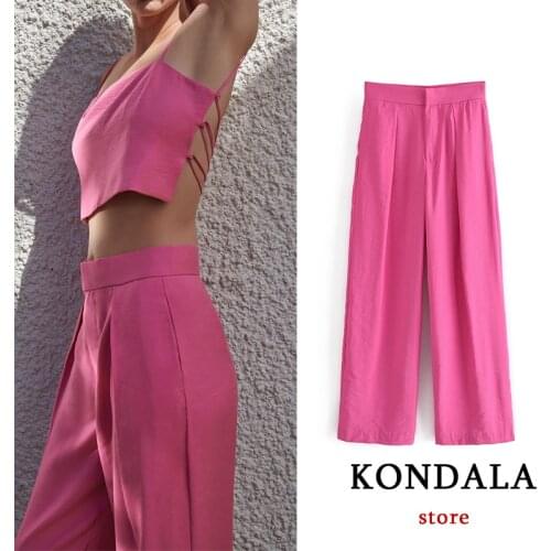 KONDALA Chic Pink Women Pants Za 2021 High Waist Pockets Wide Leg Zipper Trousers Streetwear Fashion Trousers Mujer Pants