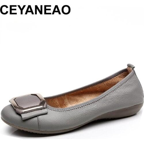 CEYANEAO New Summer Women cutouts Genuine Leather Shoes Comfortable Buckle Flats Nurse Casual Handmade ballet flatsC043