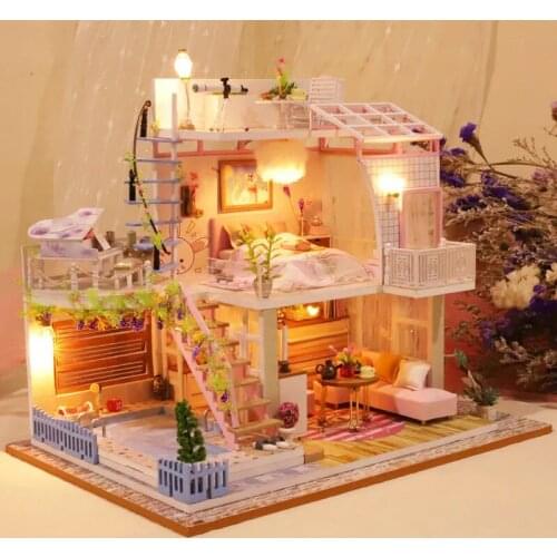 Kids Wooden Doll House Furnitures Diy 3D Loft Wooden Miniaturas Assemble Dollhouse Toys for Children Birthday Gifts