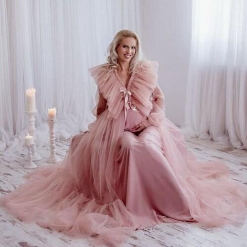Elegant Pink Tulle Maternity Dresses Long Sleeves V Neck Puffy Ruffles Pleated Sort Tulle Pregnancy Bridal Dressing Robes With T