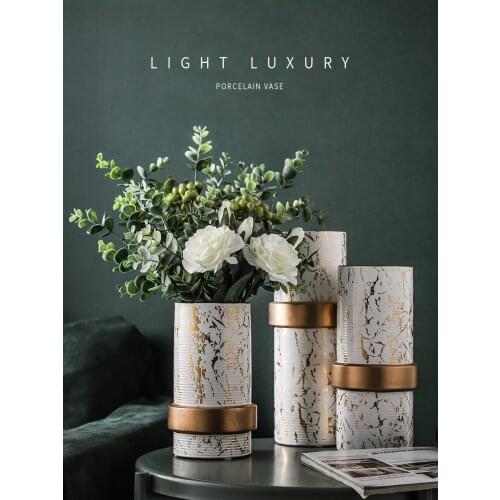 European Marbled Ceramic Vase Cylindrical Dried Flower Simulation Flower Countertop Vase Living Room Decoration Home Accessories