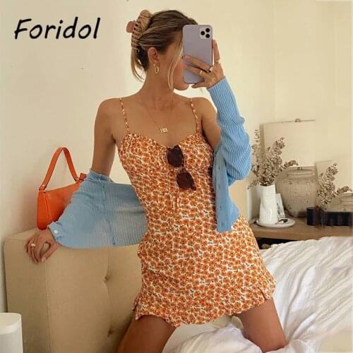 Foridol Floral Print Backless Boho Strap Dress Women Short Orange Beach Summer 2021 Ruffle Casual Bohemian Cotton Mini Sundress