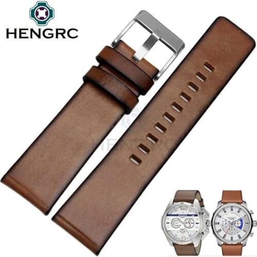 HENGRC Retro Watch Band Strap Men Brown 24mm Genuine Leather Watchbands Steel Stainless Sivler Buckle Accessories