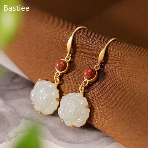 Bastiee 925 Sterling Silver Magnolia Flower Red Agate Golden Plated Korean Earrings Dangle Earrings Vintage