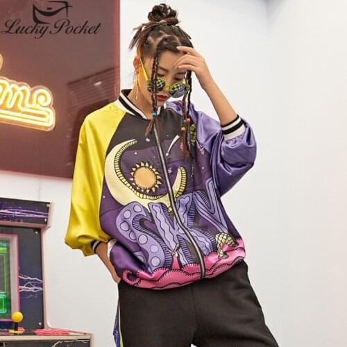 Spring Women New Stand Collar Coat Female Casual Long Sleeve Violet Jacket Harajuku Moon Letter Print Loose Outerwear Z1022