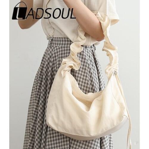 LADSOUL New Korean Fashion Nylon Fabric Handbag Small Fresh Drawstring Female Shoulder Bag Casual Literature Fold Cross-body Bag