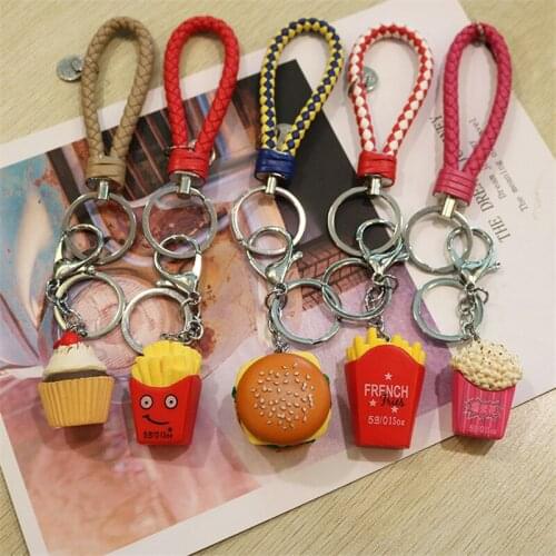 Fashion Resin Simulated food Keychain Hamburger fries Key chain Braided rope DIY Handmade Women Bag Charms Keychain Car