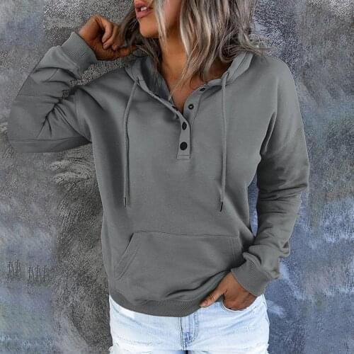 Fashion Womens Pullover Hoodies Tops Casual Solid Colors Button Down Long Sleeve Hooded Pocket Sweatshirts Sudaderas Mujer#35