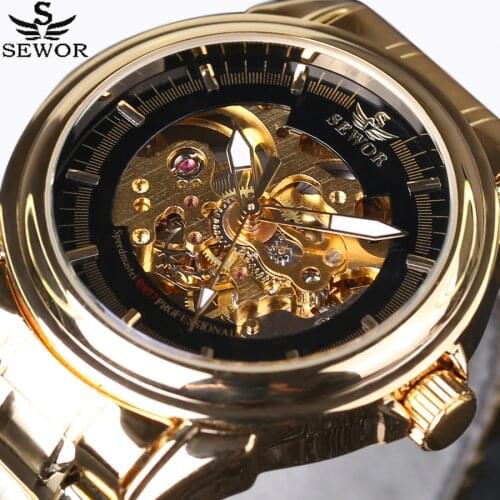 Famous Brand SEWOR Men Gold Watch Luxury Fashion Stainless Steel Mechanical Skeleton Watch Business For Men Wristwatch 2016 New