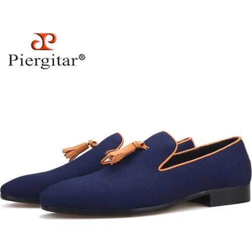 Piergitar new two colors men canvas shoes with leather tassel handmade mens loafers wedding and party male smoking slippers