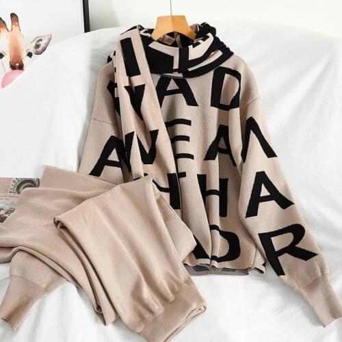 2021 Autumn Winter Women Letter Knitting Scarf Loose Sweater Pants 3 Piece Set Knitting Suit Trendy Casual Tracksuit Wear Outfit