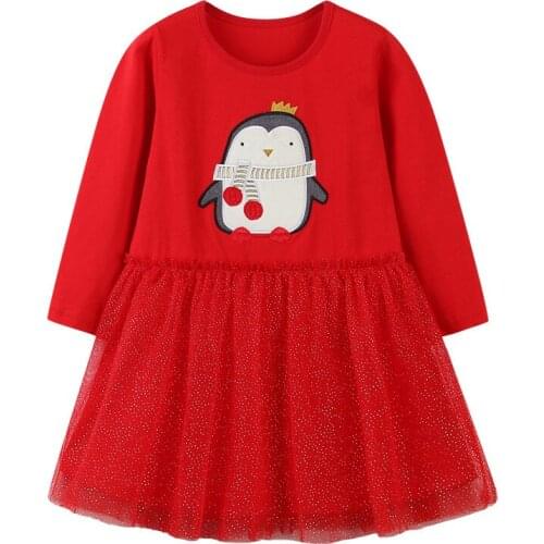 Toddler Girls Dress Brilliant Long SleeveCute Penguin Pattern Printed Red Gauze Dress for Girls Kids Children