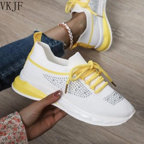 Knitted Elastic Rhinestone Mesh Womens Shoes New Spring Autumn Shoes Women Fashion White Sneakers Women Casual Vulcanized Shoes