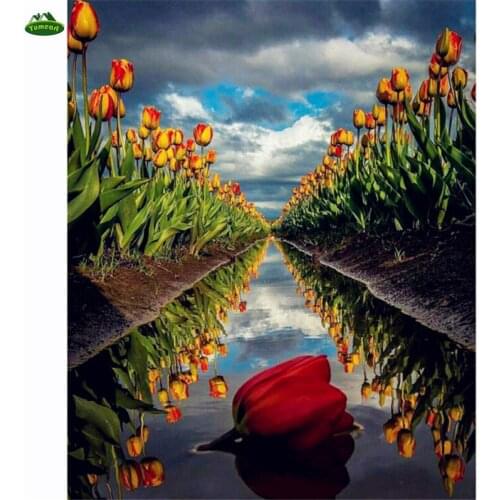 YUMEART 100% Square Diamond Painting Embroidery Cross-stitch Water River Tulip Flower Rhinestone Mosaic Painting Decor Gifts
