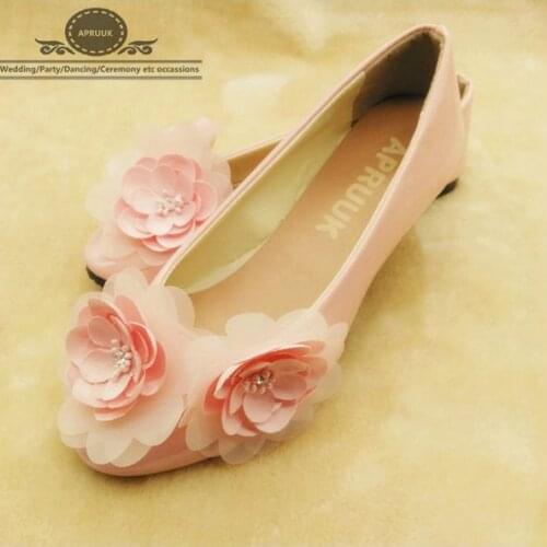 Sweet pink flower girls flats shoes woman ladies plus size pink party dancing ceremony flats shoes womens