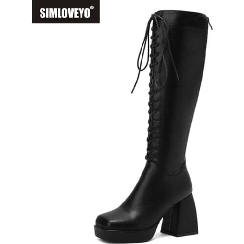 Black White Brown Women Knee High Boots Platform Thick High Heel Ladies Lace Up Faux Leather Square Toe Womens Boots S2352