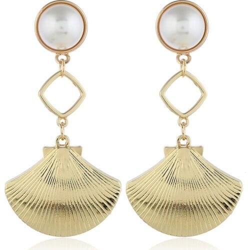 Hesiod Sea Shell Earrings For Women Gold Color Metal Shell Imitation Pearl Statement Earrings 2019 Summer Beach Jewelry