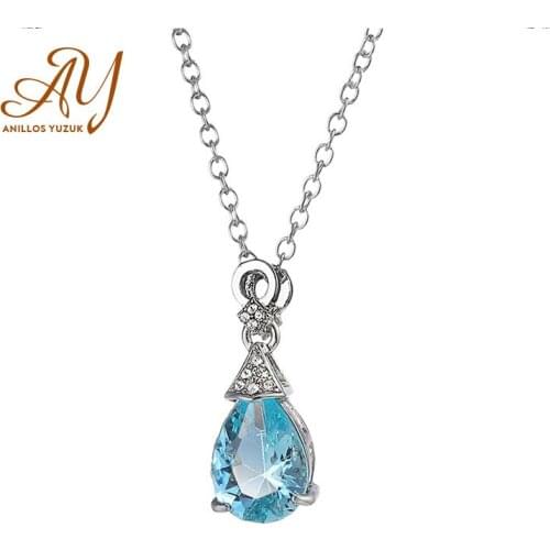 Anillos Yuzuk 925 Silver Jewelry New Luxury Pink While Blue Water Drop Topaz Necklace Pendant For Women Silver Chain Necklaces