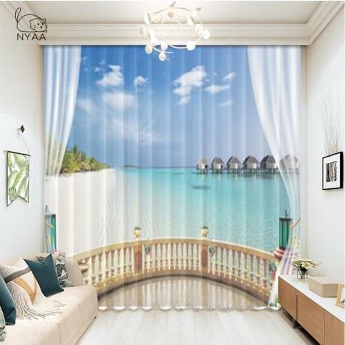 3D Sea And Beach Scenic Curtains For Elegant Room Room Curtains Day Night Box Double Bedroom Christmas Curtain Micro Shading
