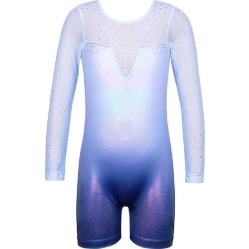 BAOHULU Sparkle Girl Long Sleeve Ballet Leotard with Pants Kids Gradient Blue Sequin Decro Gymnastics Leotard Ballerina Bodysuit