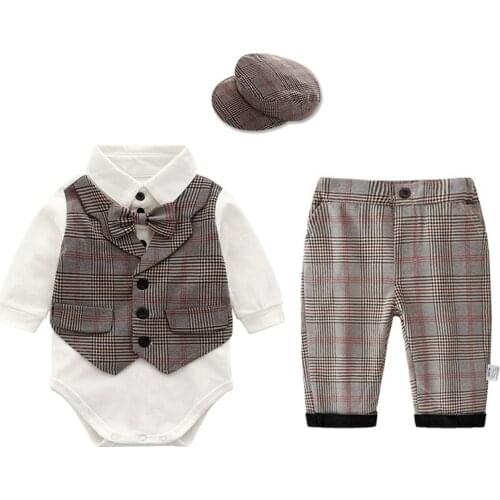British Retro Style Kids Boys Clothing 3 Piece Sets Plaid Fake 2 Piece Romper+Pants+Hat Formal Wear Boys Autumn Outfits 6M-3T