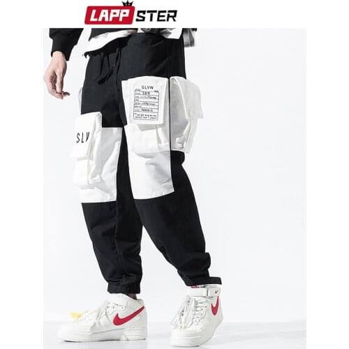 LAPPSTER Men Patchwork Cargo Pants Sweatpants 2020 Mens Hip Hop Black Joggers Harem Pants Vintage Embroidery Track Pants 5XL
