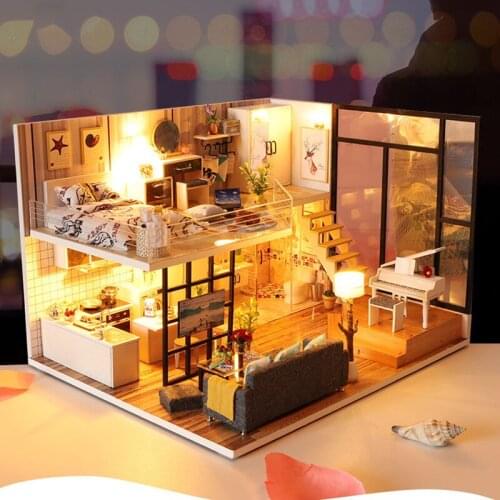 Wooden Doll House Furnitures Diy 3D Loft Wooden Miniaturas Assemble Dollhouse Toys for Children Birthday Gifts