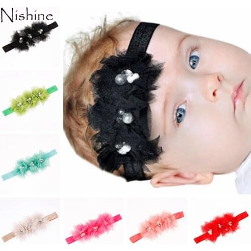 NISHINE Baby Hair Accessories Lace Flowers Shiny Rhinestones Pearl Elastic Headbands for Children Headwear Christmas Gifts