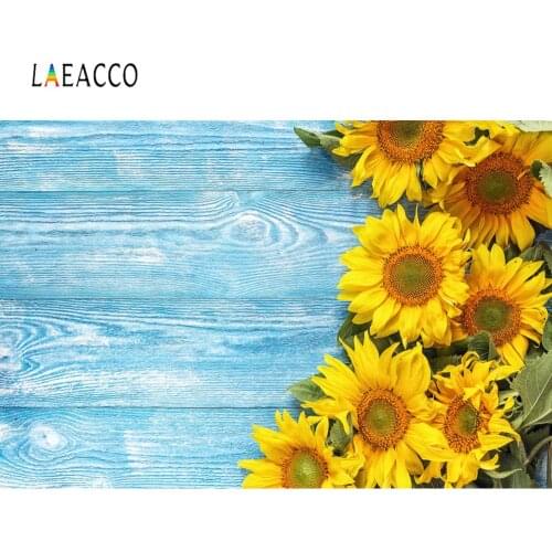 Laeacco Photo Backdrop Blue Wooden Board Sunflower Pet Child Doll Portrait Photography Background Photocall Digital Photo Studio