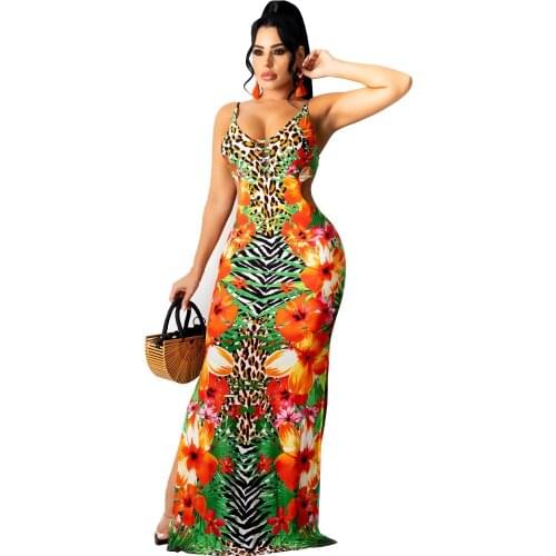 Zoctuo Summer Straps Dresses Bodycon Hollow Out Club Dress For Women Party Night Sexy Orange Print Fashion Clothing For Girl New