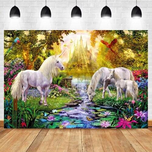 Mocsicka Fairytale Gold Castle Backdrop Unicorn Colored Bird Background Wonderland Summer Garden Flower Photography Backdrops