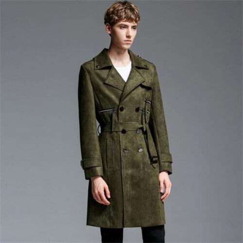 Mens trench coats man army green deerskin sobretudo masculino longo clothes slim fit overcoat long sleeve 2021 new designer