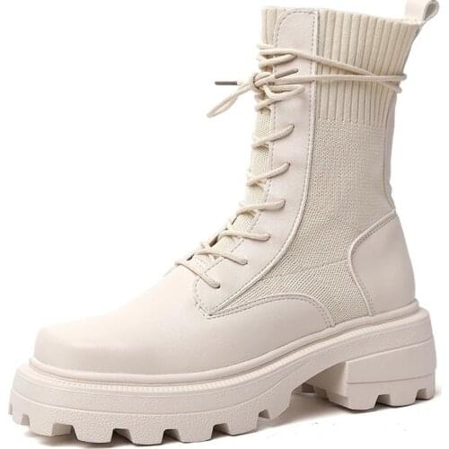 NEWDISCVR 2020 Square Toe Platform Boots Women New Autumn Winter Chunky Heels Ankle Boots Slip On Sock Shoes Ladies Footwear