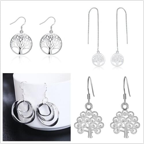 Wholesale price 4 pair set silver color fashion TREE Life charms earrings women lady girl wedding jewelry Stamped Cute LE042