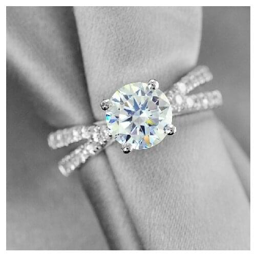 Genuine 14K Jewelry 1CT Hearts and Arrows Diamond Ring Across Setting Double Paved Female Wedding Ring White Gold