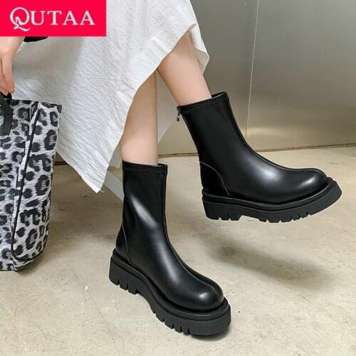 QUTAA 2022 Motorcycle Boots Winter Cow Leather Mid Calf Boots Round Toe All Match Slip On Women Shoes Size 34-39