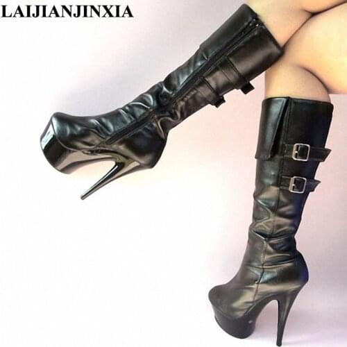 15cm Ultra High Heels Boots Medium-Leg Double Hasp Womens Platform Boots Shoes 6 Inch Sexy Knee High Boots Motorcycle Boots